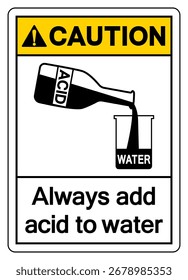 Precaución Siempre agregue ácido a la señal del símbolo del agua, Ilustración vectorial, aislar en la etiqueta del fondo blanco. EPS10