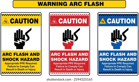 Caution arc flash risk with this vector set. Features a clear hand symbol. Essential for electrical safety compliance in various color options. Used in manuals, labels, and training. Editable Eps10