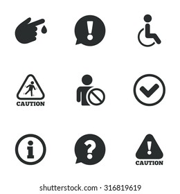 Caution and attention icons. Question mark and information signs. Injury and disabled person symbols. Flat icons on white. Vector