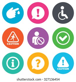 Caution and attention icons. Question mark and information signs. Injury and disabled person symbols. Flat circle buttons. Vector