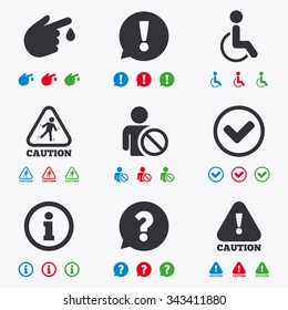 Caution and attention icons. Question mark and information signs. Injury and disabled person symbols. Flat black, red, blue and green icons.