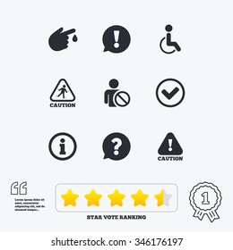 Caution and attention icons. Question mark and information signs. Injury and disabled person symbols. Star vote ranking. Award achievement and quotes.