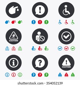 Caution and attention icons. Question mark and information signs. Injury and disabled person symbols. Flat circle buttons with icons.