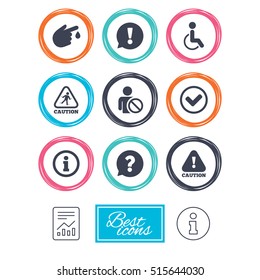 Caution and attention icons. Question mark and information signs. Injury and disabled person symbols. Report document, information icons. Vector