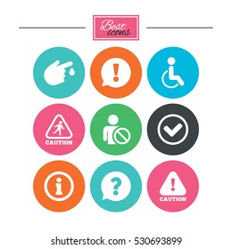 Caution and attention icons. Question mark and information signs. Injury and disabled person symbols. Colorful flat buttons with icons. Vector