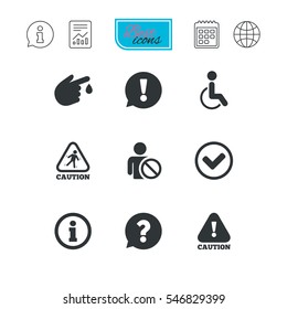 Caution and attention icons. Question mark and information signs. Injury and disabled person symbols. Report document, calendar and information web icons. Vector