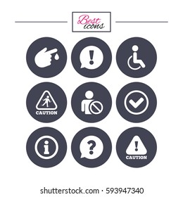 Caution and attention icons. Question mark and information signs. Injury and disabled person symbols. Classic simple flat icons. Vector