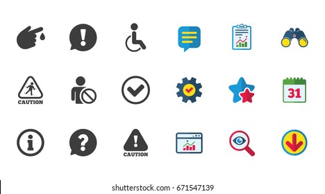 Caution and attention icons. Question mark and information signs. Injury and disabled person symbols. Calendar, Report and Download signs. Stars, Service and Search icons. Vector