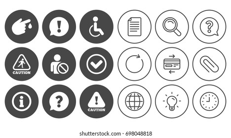 Caution and attention icons. Question mark and information signs. Injury and disabled person symbols. Document, Globe and Clock line signs. Lamp, Magnifier and Paper clip icons. Vector