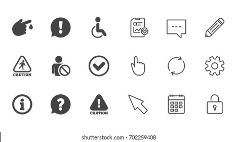 Caution and attention icons. Question mark and information signs. Injury and disabled person symbols. Chat, Report and Calendar line signs. Service, Pencil and Locker icons. Click, Rotation and Cursor