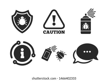 Cuidado y escudo símbolos. Chat, signo de información. Iconos de desinfección de errores. Signo de fumigación de insectos. Icono de burbuja de voz de estilo clásico. Vector