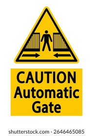 Cuidado, portão automático. Sinal de triângulo de aviso com uma pessoa no meio de um portão de fechamento. Texto abaixo. 