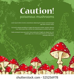 Caution banner with amanita mushroom frame and fern leaves. Vector illustration.