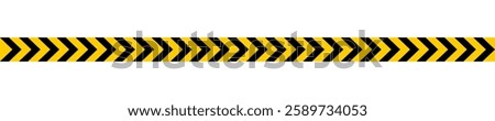 Caution barricade tape with black and yellow chevron print. Barrier in quarantine zone, construction work area or crime scene. Stop, attention, warn or forbidden signs. Vector flat illustration.
