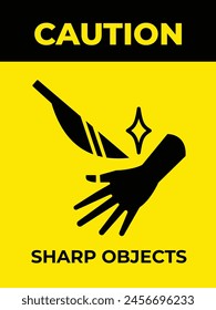 Caution be careful for sharp objects. Hand and knife icon silhouette illustration isolated on vertical yellow and black background. Simple flat poster drawing for prints.