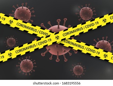 Caution biohazard black and yellow striped borders with virus. Stop coronavirus warning banner