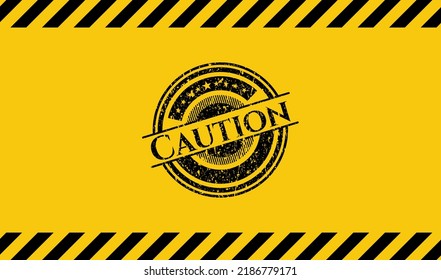 Caution black grunge emblem, yellow warning sign. Vector Illustration. Detailed. 
