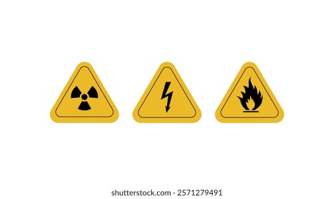 Caution Board, Hazard warning attention ,Yellow warning, danger sign, Caution , fire, high voltage, radiation sign. Triangle yellow caution sign icon. High voltage sign icon. 