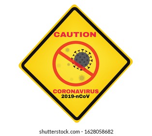 Caution board with message Caution CORONAVIRUS  2019-ncov, beware and careful yellow rhombus sign, warning symbol, vector illustration.