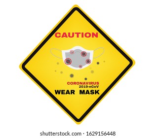 Caution board with message Caution Coronavirus 2019-ncov Wear Mask, beware and careful yellow rhombus sign, warning symbol, vector illustration.