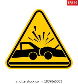 Caution car accident sign. Risk of vehicles crash warning sign. Vector illustration of yellow triangle sign with car crash icon inside. Vehicles collision symbol. Dangerous zone. Transportation wreck.