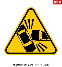 Caution car accident sign. Risk of vehicles crash warning sign. Vector illustration of yellow triangle sign with car crash icon inside. Vehicles collision symbol. Dangerous zone. Transportation wreck.