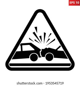 Caution car accident sign. Risk of vehicles crash warning sign. Illustration of black and white triangle sign with car crash icon inside Vehicles collision symbol. Dangerous zone. Transportation wreck