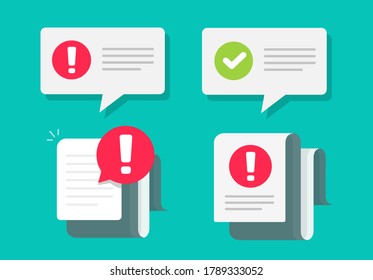 Caution and check mark notices important notifications text push messages on bubble icons and document  files vector flat cartoon concept set, exclamation risk alerts and acceptance announcement