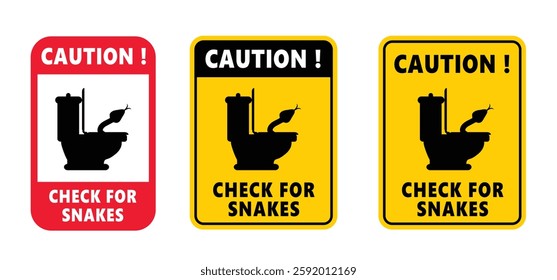 Caution check for snakes in the toilet or wc ! Stop, no snake. Warning, Prohibition sign. Tropical wildlife reptiles. Poisoned serpents. Reptile snake. Attention venomous snake. Beware of snakes.