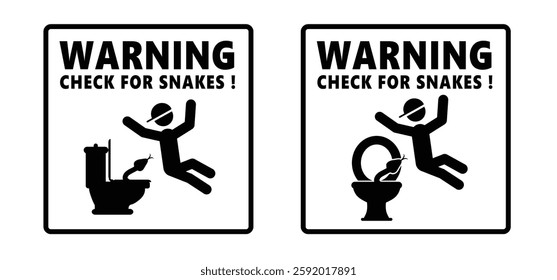 Caution check for snakes in the toilet or wc. Stop, no snake. Warning, Prohibition sign. Tropical wildlife reptiles. Poisoned serpents. Watch out for snake. Attention venomous snake. Beware of snakes.