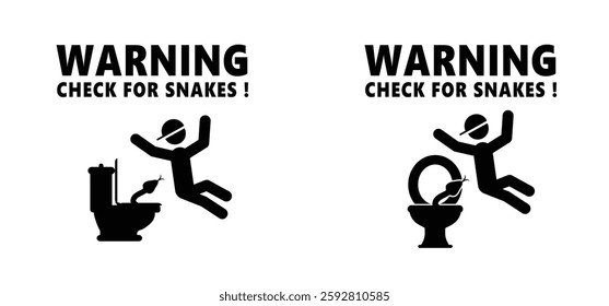 Caution check for snakes in the toilet or wc ! Stop, no snake. Warning, Prohibition sign. Tropical wildlife reptiles. Poisoned serpents. Reptile snake. Attention venomous snake. Beware of snakes.