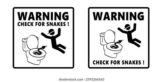 Caution check for snakes in the toilet or wc ! Stop, no snake. Warning, Prohibition sign. Tropical wildlife reptiles. Poisoned serpents. Reptile snake. Attention venomous snake. Beware of snakes.