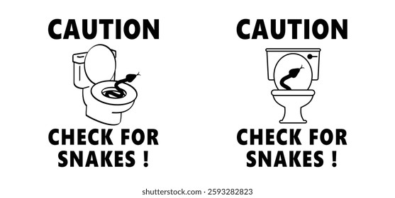 Caution check for snakes in the toilet or wc ! Stop, no snake. Warning, Prohibition sign. Tropical wildlife reptiles. Poisoned serpents. Reptile snake. Attention venomous snake. Beware of snakes.