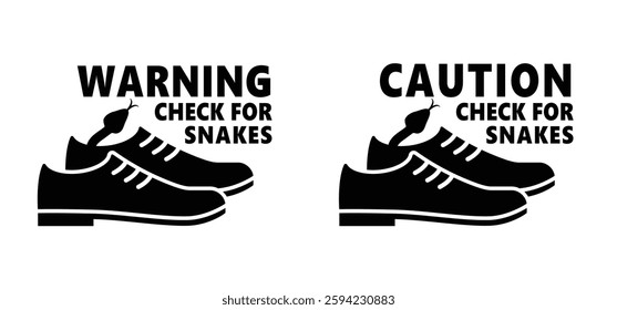 Caution check for snakes in your shoe or boot. Warning, Prohibition sign. Tropical wildlife reptiles in shoes or boots. Poisoned serpents. Reptile snake. Attention venomous snake. Beware of snakes.