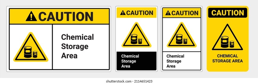 Precaución Señal del área de almacenamiento de productos químicos. Símbolo del triángulo amarillo.