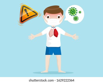 caution for colonavirus boy with mask vector illustration cartoon flat design