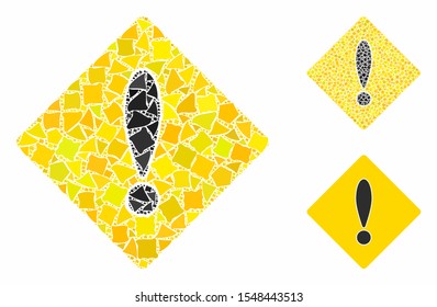 Caution composition of tuberous elements in different sizes and color tinges, based on caution icon. Vector abrupt elements are grouped into collage. Caution icons collage with dotted pattern.