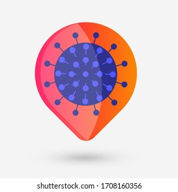 Vorsicht, Coronavirus Symbol. Icon, Symbol Geolocation mit Coronavirus Locations für Website, Telefone, soziale Medien, mobile App, ui. Vektorillustration Illustration. Coronavirus-Krankheit COVID-19 Infektion.