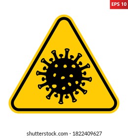 Precaución por el signo del Coronavirus. Ilustración vectorial del signo de advertencia del triángulo amarillo con el icono de la celda de virus dentro. Concepto médico pandémico. Zona peligrosa. Riesgo del SARS y enfermedad de riesgo para la salud pública.
