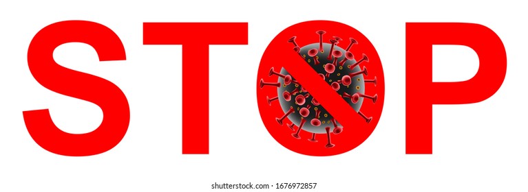 caution COVID-19 coronavirus banner. Coronavirus outbreak with red STOP sign. Pandemic medical concept with Novel corona virus cells. Vector illustration