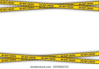 Caution crime scene tapes border. Police warning do not cross ribbons. Yellow black tape barrier for criminal accident places. Seamless striped boundary lines. Vector illustration.