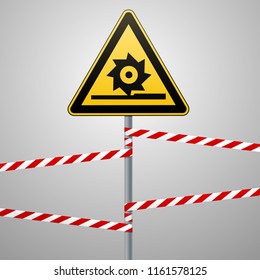 Caution, cutting shafts. Safety sign. Sign on pole with ribbons. Yellow triangle, metal pillar, protective tapes. Symmetrical image on a gray background. Vector illustration.