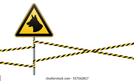 Caution - danger! Be aware of dogs! The area is guarded by dogs. Warning sign safety. The sign on the pole and warning bands. White background. Vector illustration.