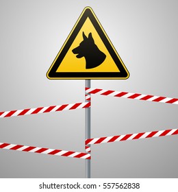 Caution - danger! Be aware of dogs! The area is guarded by dogs. Warning sign safety. The sign on the pole and warning bands. Gray background. Vector illustration.