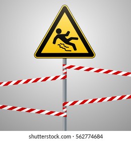 Caution - danger!  Beware of slippery. Safety sign. The triangular sign on a metal pole with warning bands. Gray background. Vector illustration.