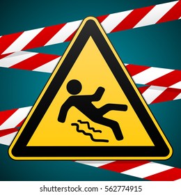 Caution - danger! Beware of slippery. Safety sign. Warning triangle and crossing warning bands. Industrial design. Vector illustration.
