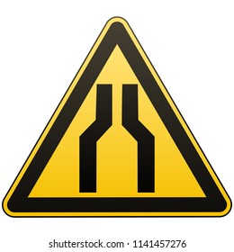 Caution - danger. Carefully narrow the passage. Warning sign. Yellow triangle with a black image. White background. Vector illustration.