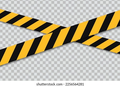 Caution and danger line. Black and yellow warning, police tapes, attention, sign line.