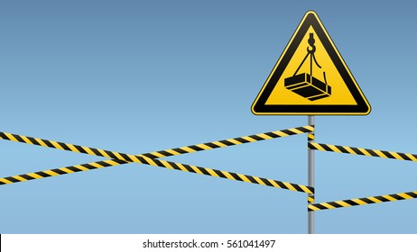 Caution - danger! May fall from the height of the load. Safety sign. The triangular sign on a metal pole with warning bands. Light background. Vector illustration. svg