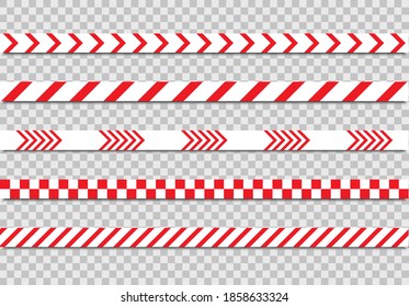 Caution and danger tapes on transparent background. Not cross security line. White and red line striped. Abstract warning lines for police, accident, under construction. Vector illustration